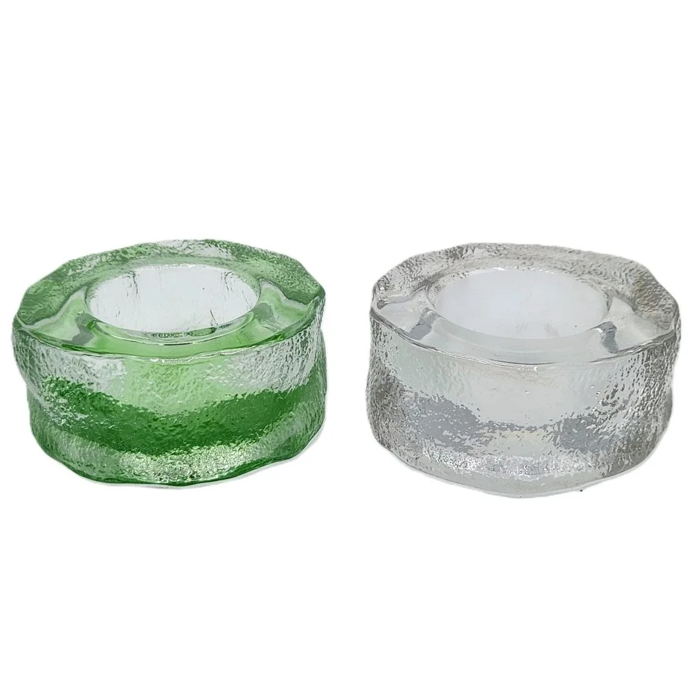 Partylite Iceland Glass Tealight Candle Holder Retired Set of 2 Clear And Green - Picture 2 of 7